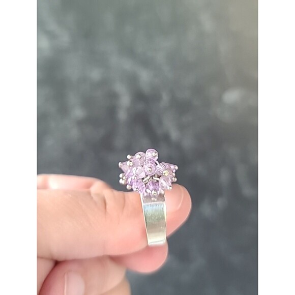 950 Silver Purple Plastic Beaded Cha Cha Ring Vintage, SIZE US 10 - Picture 2 of 10
